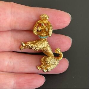 Vintage SPHINX Gold Poodle Brooch with Red and Blue Accents.